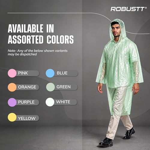 Image of Robustt Disposable Adult Rain Poncho for Men & Women | Universal Fit Use and Throw Raincoat | Knee Length Pocket Raincoat with Hood for Travel, Emergency Rain, & Outdoor