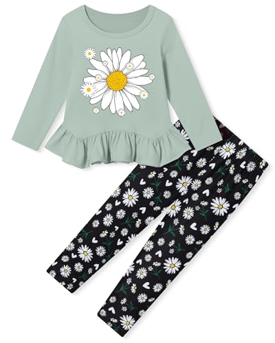 CARETOO Clothes for 7 Year Old Girls Matching Outfits for Girls Lovely Daisy Pattern Ruffle Hem Bean Green Top and Full-Print Patterned Pants 6-7 Years