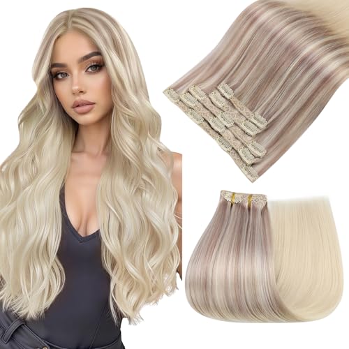 Image of Easyouth 14 Inch Clip in Hair Extensions Real Human Ash Blonde Fading to Light Mix Platinum Remy Short Double Weft 70g /5pcs, 2.4692 Ounce