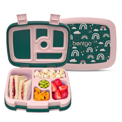 Image of Bentgo Kids Prints Leak-Proof, 5-Compartment Bento-Style Kids Lunch Box - Ideal Portion Sizes for Ages 3-7, Durable, Drop-Proof, Dishwasher Safe, & PFAS & BPA-Free Materials (Green Rainbow)