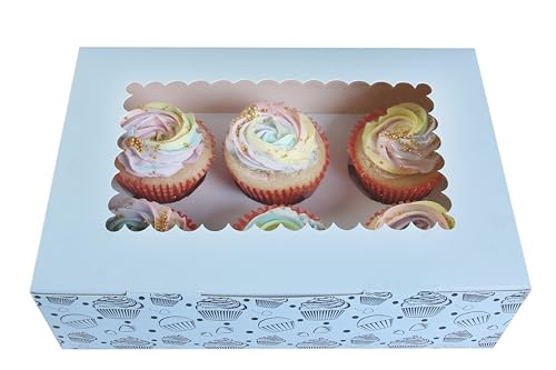 Image of mudrit Cupcake Boxes with Insert Trays (Pack of 10), Cupcake Carrier, Food Grade Bakery Boxes with Windows to fit 6 Cupcakes, Muffins or Pastries (Blue)