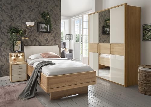 WIEMANN Kiruna Bett, Einzelbett, Bettgestell 90 x 220 cm, Eiche, Futonbett, Komforthöhe, Polster-Kopfteil, Kunstleder, schwebend