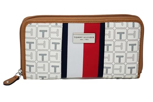 Tommy Hilfiger Women's Red/White Stripe TH Logo Print Zip Around Wallet Clutch Bag - White