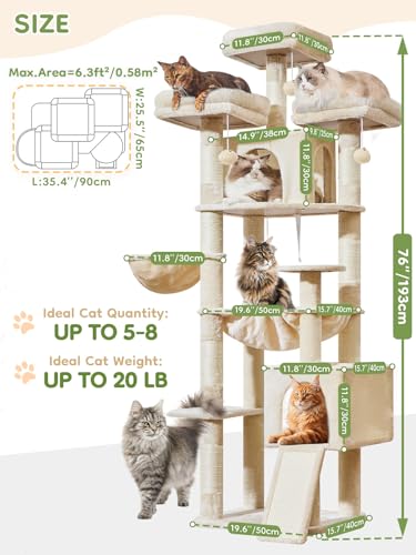Image of Taoqimiao 76-Inch Cat Tree with Scratching Posts,XXL Cat Tower for Large Cats with Cat Scratching Board,Extra-Large Metal Hammock,3 Perches, 2 Big Condos, Hanging Basket, MS047M, Beige