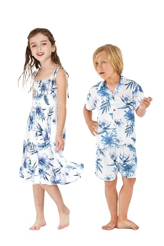 Matching Hawaiian Luau Sibling Boy Girl Tube Elastic Dress Aloha Shirt in Day Dream Bloom
