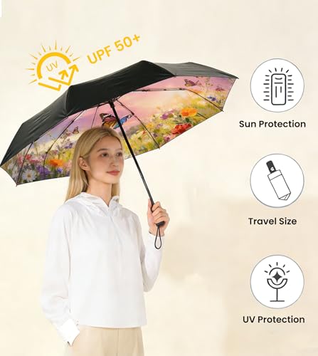 Image of SIEPASA Compact Travel Umbrella - Windproof Auto Open /Close, Small Folding Umbrella for Rain & Sun with UPF50+ - Lightweight Frame, Waterproof - Fits Backpack, Purse, Suitcase.(Garden Butterfly)