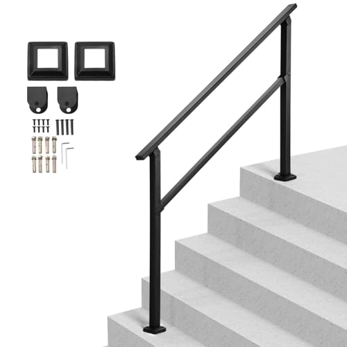 VEVOR Outdoor Handrails for Steps, 4-5 Step Stair Rail Kit, Black Square Tube with Horizontal Bar, Carbon Steel Support Rails for Seniors, Concrete & Deck Stairs, Easy Installation