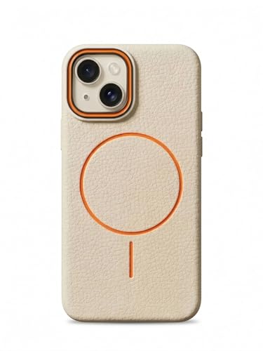 Image of amazon basics Luxury MagSafe Compatible Leather Texture Back Cover for iPhone 13 | Raised Camera Protection | Slim Fit Shockproof Case with Metallic Accents (White)