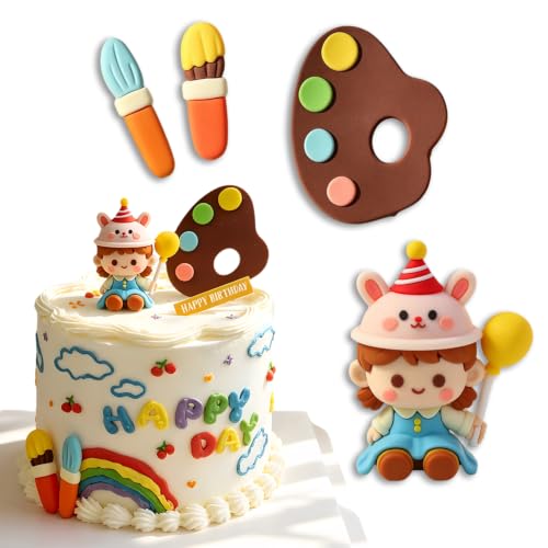 4-Piece Painting Party Birthday Cake Toppers with Artist Palette & Brushes