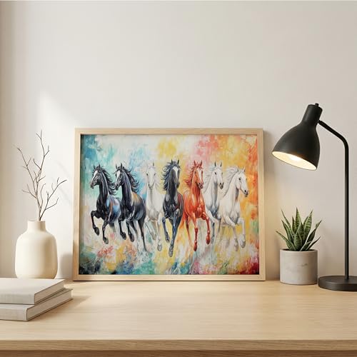 Image of Suneree 7 Horse Vastu Wall Painting - Abstract Colorful Running Horses Framed Wall Art for Living Room & Office Decor (Natural, Design 12, 10x13 Inch)