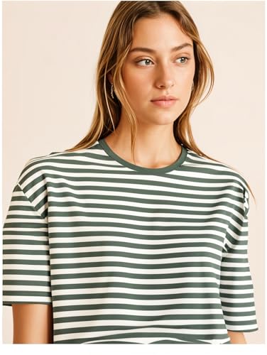 Image of Mack Jonney Oversized | Loose Fit | Half Sleeves 100% Cotton Round Neck Striped T-Shirt for WOMEN-MACK640558