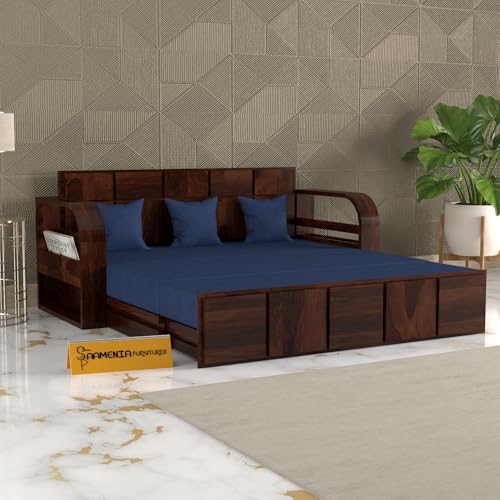 Image of Mamta Furniture Sheesham Wood Sofa Cum Bed with Storage for Living Room Bedroom | Wooden Diwan Sofa Set with Navy Blue Mattress | Solid Wood Sofa Bed in Walnut Finish
