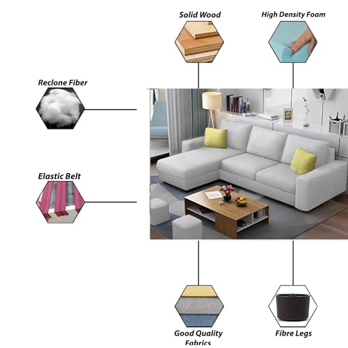 Image of GRAPEWOOD Orland 4 Seater LHS L Shape Sofa Set for Living Room | Color - Grey | Premium Fabric Sofa