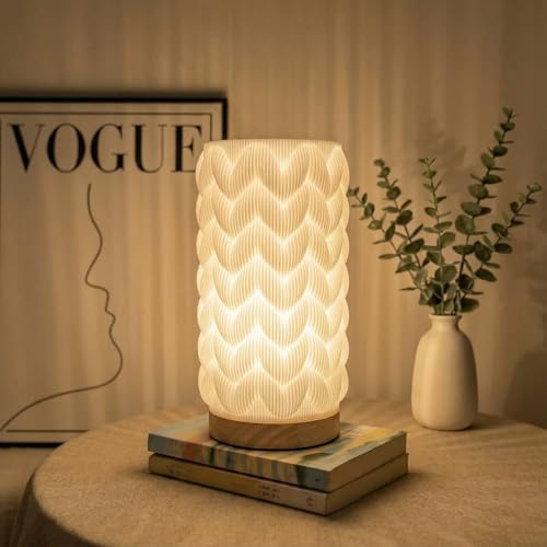 Image of Small Bedside Lamp for Nightstand, 3D Printed Mini Table Lamp, 3 Color Temperatures Warm to Cool White, Cozy Small Lamp for Bedroom Dorm Tight Spaces, Ash Wood Base, 8.8 Inch Tall - Honeycomb