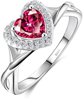 BELLNA Promise Ring for Her 925 Sterling Silver Created Ruby Blue Sapphire Emerald Diamond Heart Promise Wedding Engagement Ring for Wife Girlfriend Her Anniversary (7, Ruby)