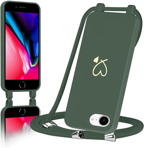 AoozeFon für iPhone 8/SE 2020/2022 Hülle mit Band Handyhülle iPhone 7/6S mit Kordel zum Herz Schutzhülle Handyband mit Umhängen Abnehmbare Weich TPU Liquid Silikon Bumper Grün