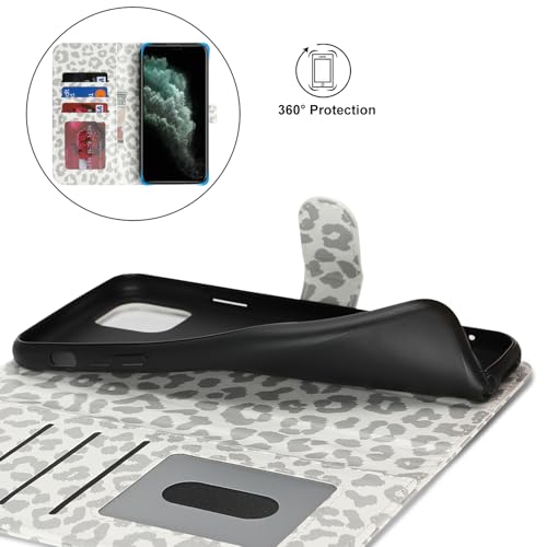 Image of for iPhone 11 Pro Max Case Wallet with Card Holder,for iPhone 11 Pro Max Wallet Case for Women Men,PU Leather Shockproof Magnetic Buckle Stand Flip Phone Case-White Leopard