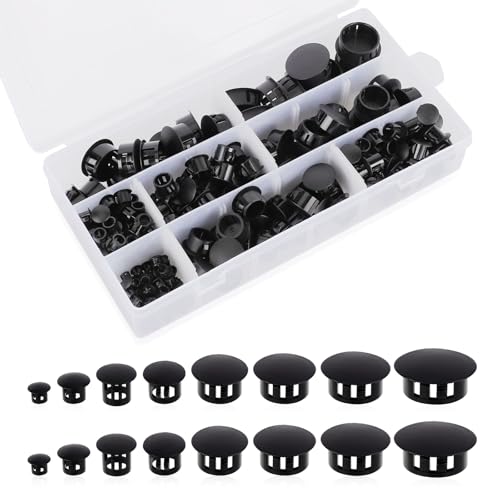 Image of 255pcs Plastic Hole Plugs Assorted, Black Plastic Hole Plug 8 Sizes Round Drilling Hole Cover Plugs Electrical Box Knockout Fillers Screw Hole Plugs for Kitchen Cabinet Furniture