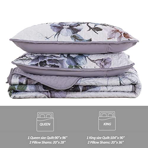 Drucon Floral Quilt Set King 3 Pieces Boho Purple Quilt Coverlet Set Soft Microfiber Lightweight Purple Floral Quilted Bedspread For All Season 104"X90" #TOP6