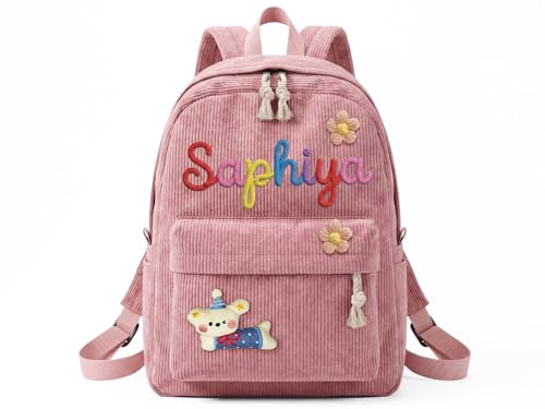 CGFN Personalised Kids Backpack with Matching Lunch Bag for Girls & Boys Custom Name Embroidered Primary School Rucksack & Insulated Lunch Box (Pink Backpack)