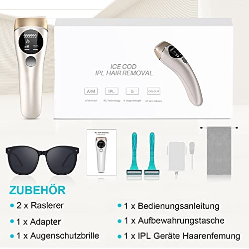Depiladora de Luz Pulsada IPL, Sistema Eléctrico de Depilación con 999,900 Pulsos de Luz, 2 Maquinillas de Afeitar, 5 Niveles de Energía, 2 Modos, Depilacin Permanente para Bikini Piernas Axilas
