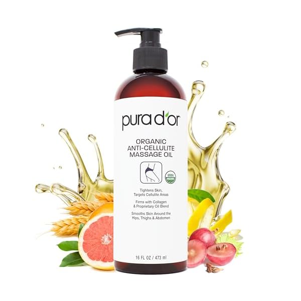 PURA D’OR 16 Oz Organic Anti-Cellulite Massage Oil – Lemon Peel, Moringa, Grape Seed, Grapefruit & Eucalyptus Oils – Skin Firming & Tightening for Active Individuals & Aging Adults