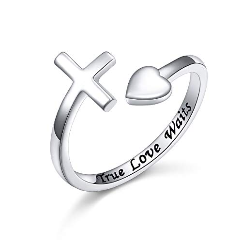 FLYOW Sterling Silver True Love Waits Heart Cross Adjustable Wrap Open Ring for Women Lover Girlfriend, Size 6