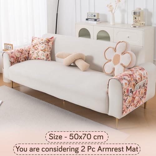 Image of HOKIPO 'Nature Muse' Premium HD Printed Holland Velvet Sofa Armrest Covers with Pockets | 1 Pair | Rose Symphony (IN-921-L-D5*2)