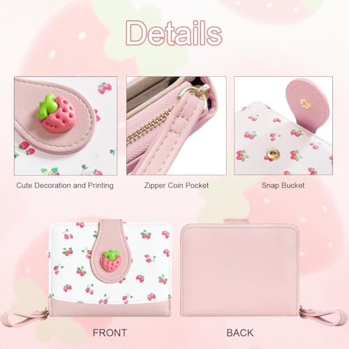 Image of Cute Print Wallet Blueberry Strawberry Cherry Wallet with Credit Card Slot Zipper Coin Pocket for Women Girls (PINKK)