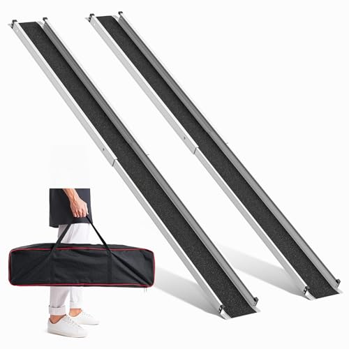 7FT Professional-Grade Telescoping Wheelchair Ramp, 600LBS Heavy Duty Aluminum Ramp with Storage Bag, Extended Length for High Vehicles/Steep Steps, 2 Pack