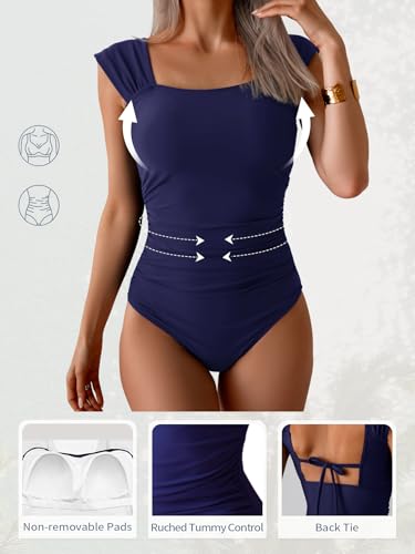 Image of B2prity Womens One Piece Swimsuit Retro Square Neck Tummy Control Bathing Suits Ruched Modest Full Coverage Swimwear