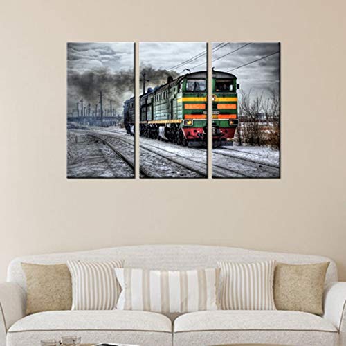 Tableau sur Toile HD triptyque haut de gamme train rétro paysage de collection avec cadre mural