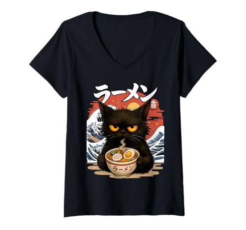 Mujer Gato Kawaii Comiendo Fideos Ramen Anime Great Wave Kanagawa Camiseta Cuello V