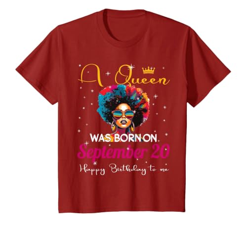 A Queen was Born on September 20 Happy Birthday to Me Black T-Shirt, Youth, Cranberry Red, Large