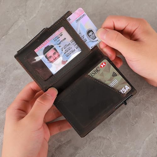 Image of Minimalist Pop Up Wallet for Men | RFID Blocking Credit Card Holder Wallet with Money Clip | Mens Wallet Slim Bifold Front Pocket Metal Case with Gift Box, Dark Brown, Minimalist