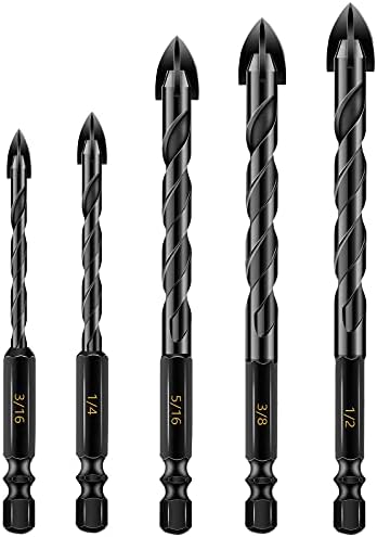 Aleric Masonry Drill Bit Set,5Pcs Concrete Drill Bits Set for Tile, Brick,Glass,Plastic and Wood,Tungsten Carbide Tip Drill Bits for Wall Mirror and Ceramic Tile in Size 3/16,1/4, 5/16,3/8,1/2inch