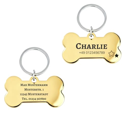 Hundemarke mit Gravur Personalisiert aus Edelstahl Hundeanhänger inkl. Schlüsselring - Namensschild für Halsband - Dog Tag Anhänger Marke für Hunde, Tiermarke für Katzen und Welpen (Knochen)