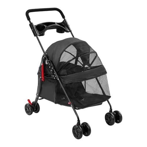 RjcdOPL, cochecito plegable para perros y gatos, carrito para mascotas, cesta para ruedas, ventanas de malla transpirable, hasta 18 kg, para paseos y viajes (negro)