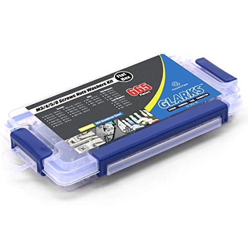 Glarks 665Pcs M3 M4 M5 M6 Stainless Steel Flat Hex Head Screws Bolts Nuts And Flat Gasket Spring Washers Assortment Set #TOP5