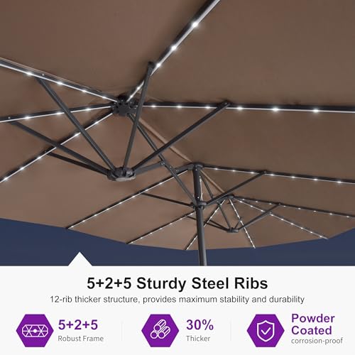 Image of PURPLE LEAF Patio Umbrella 13ft with Base and Solar Lights Outdoor, Taupe
