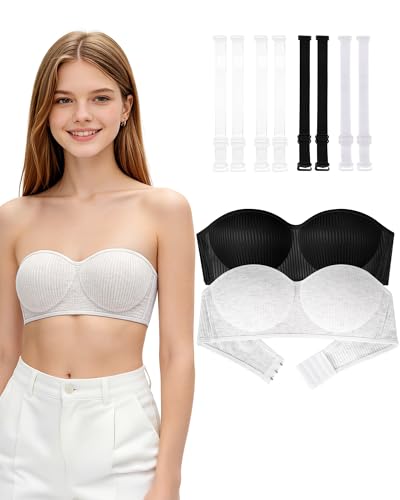 Phennies Girls Strapless Bra for Teens Girls Bandeau Bras 12-14 14-16 Wireless Strapless Bras with Detachable Clear Strap Tube Top