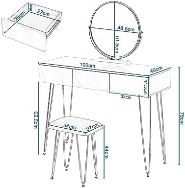 EUGAD toaletka z taboretem i lustrem, obracane o 360°, lustro do makijażu, toaletka z 3 szufladami, wyściełany aksamitny taboret, szuflada z efektem 3D, kolor biały i złoty