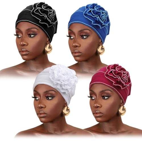 DRESHOW 4 Pcs Cotton Beanie Turban Headwear for Black Women Elastic Chemo Hats Soft Cancer Headwear for Cancer Patient with Hair Loss African Head Dress for Women's Hair