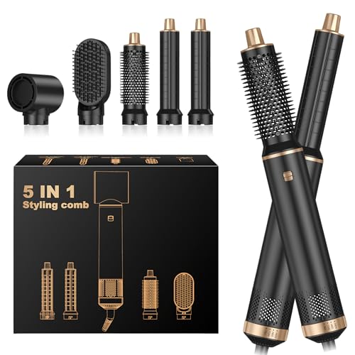 Brosse Soufflante Airbrush 5 en 1 Air Styler Seche Cheveux Mulit Air Brush Set, Or Noir Hair Boucleur à Cheveux Automatique 3 Vent-Température (Sécher,...