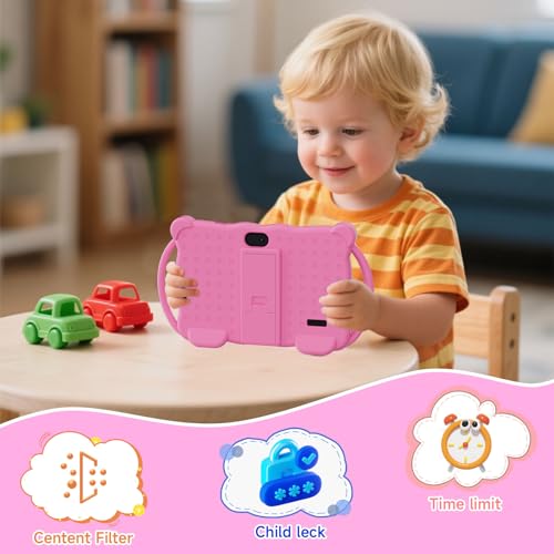 Image of Kids Tablet 7 inch Android 14.0 for Toddler, 4GB RAM 32GB ROM Bluetooth IPS Screen Google Play YouTube Parental Control Dual Camera Shockproof Case for Educational Games (Pink)
