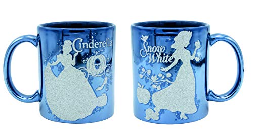 Disney Princesses Snow White & Cendrillon Tasse bleu métallisé, impression pailletée, brillante métallisée, 100% céramique, environ 320 ml, boîte cadeau