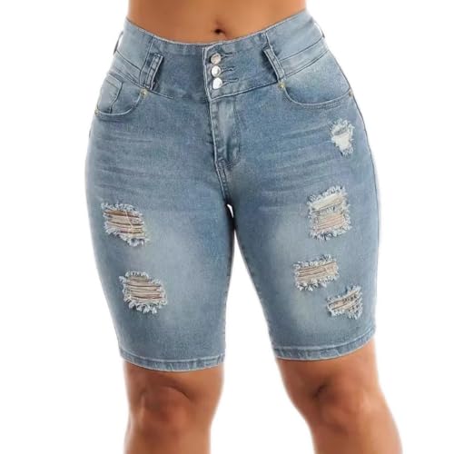 Dawery Solid Slim Butt Lifting Pants Women Elasticity Denim Shorts Casual Slimming Ripped Jeans Short (Blue,XX-Large)
