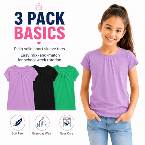 Image of Bienzoe Plain Solid Girls T-Shirts: School Basic Tee 3-Pack | Short Sleeve, Ages 4-13, PE, Recess, Outdoor Play, Soft Cotton Blend, Breathable Quick-Dry, Easy Care, Easy to Mix and Match