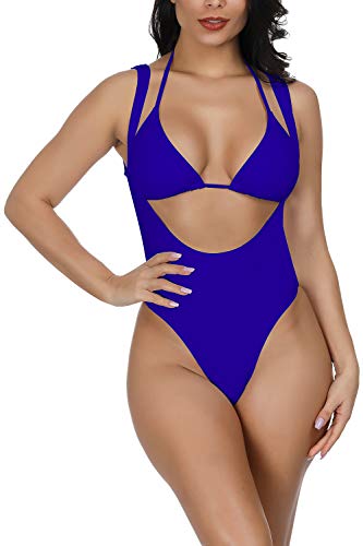 Viottiset Women's Halter Thong Suspender Swimsuit Brazilian Bikini High Waisted Sky Blue M
