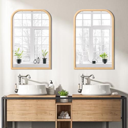 Image of 20 inchx30 inch Arch Wall Mirror for Wall, Wall Mounted Vanity Mirror for Bedroom, Wood Grain Finish Frame Mirror with Tempered Glass, Vintage Decorative for Bathroom, Entryway, Living Room, Natural